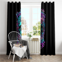 Black window curtain panels with skull floral graphic on each side