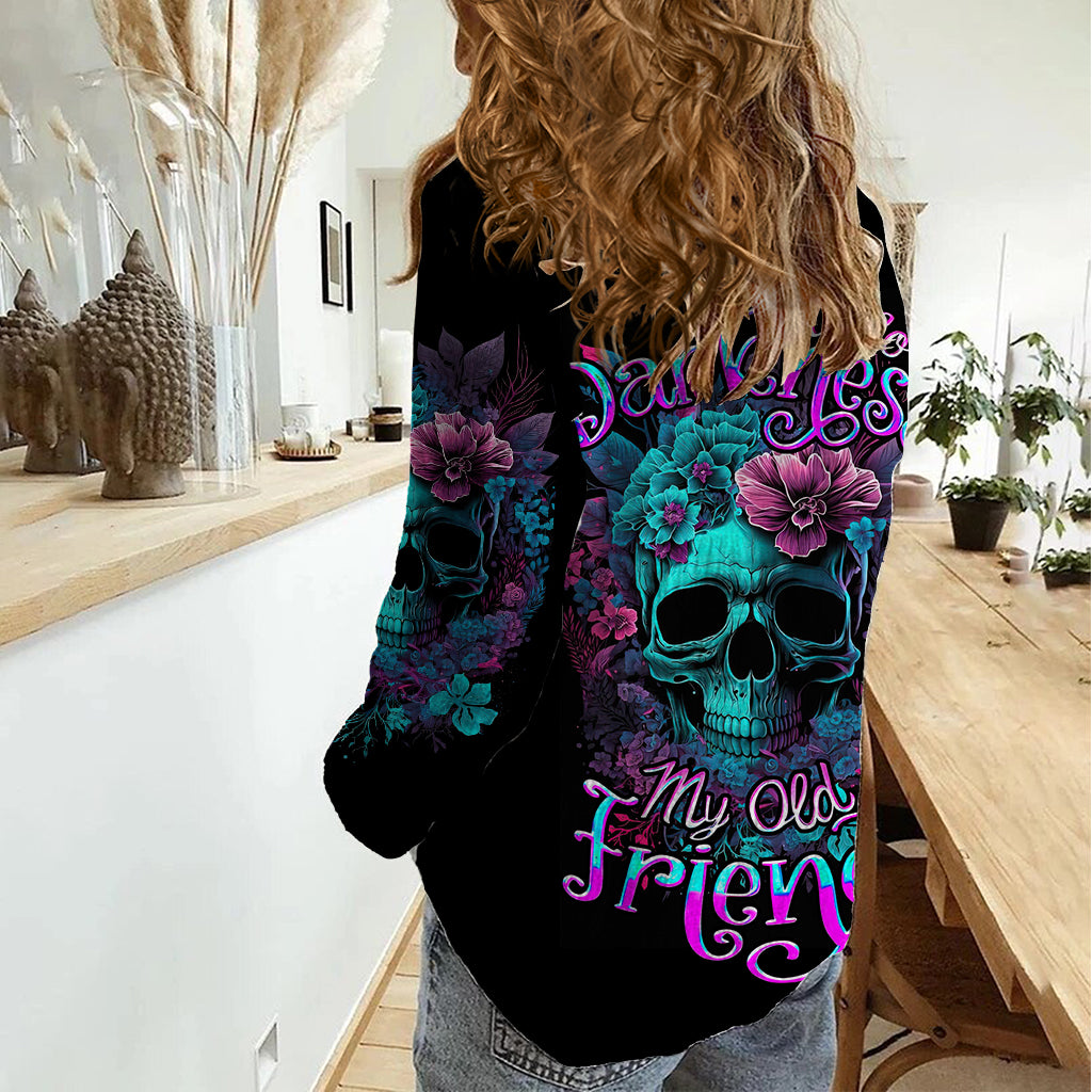 flower-skull-women-casual-shirt-hello-darkness-my-old-friend