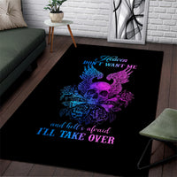Black rectangular area rug with purple and blue skull-wing graphic and blue lettering