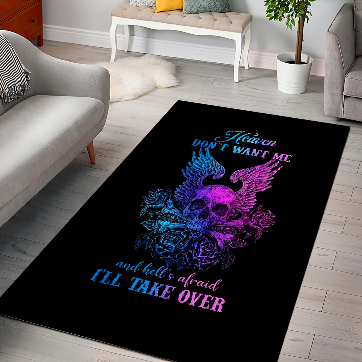 Black area rug with purple-blue skull with wings graphic and blue script text
