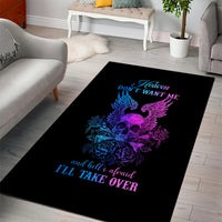 Black area rug with purple-blue skull with wings graphic and blue script text