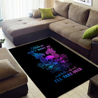 Black area rug featuring purple and blue skull wings and roses graphic with text