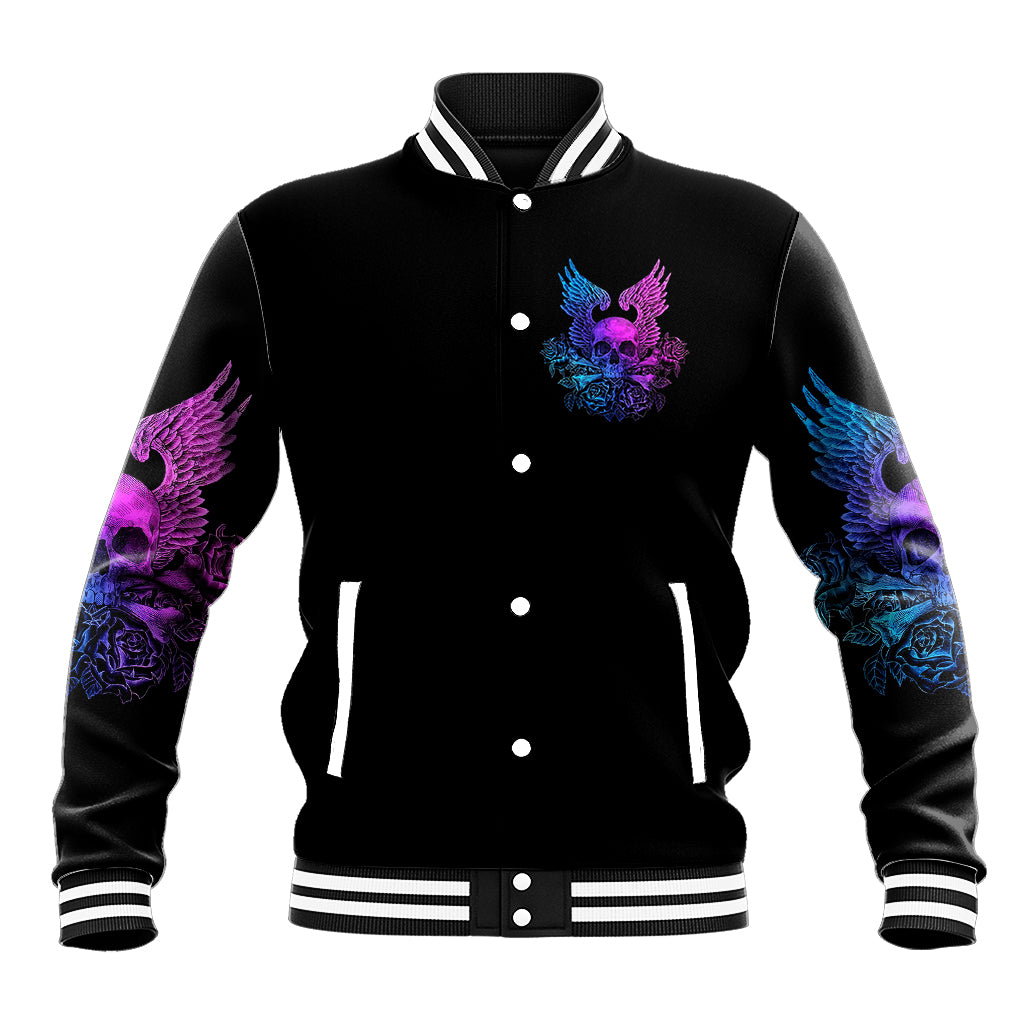 Black baseball jacket with snap buttons, wings skull chest graphic and striped trim