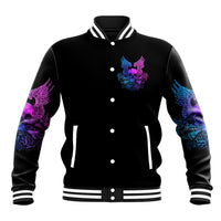 Black baseball jacket with snap buttons, wings skull chest graphic and striped trim