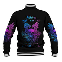 Black baseball jacket with striped ribbed cuffs and wings skull back graphic
