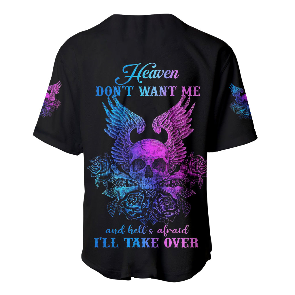 Black baseball jersey with purple-blue winged skull graphic and back text, button front