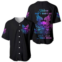 Two black baseball jerseys, front and back views, purple-blue winged skull artwork