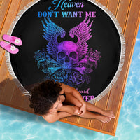 Black round beach blanket with skull-wings graphic, multicolor print, fringed edge