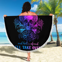Black round beach blanket with skull-wings graphic, multicolor print, fringed edge