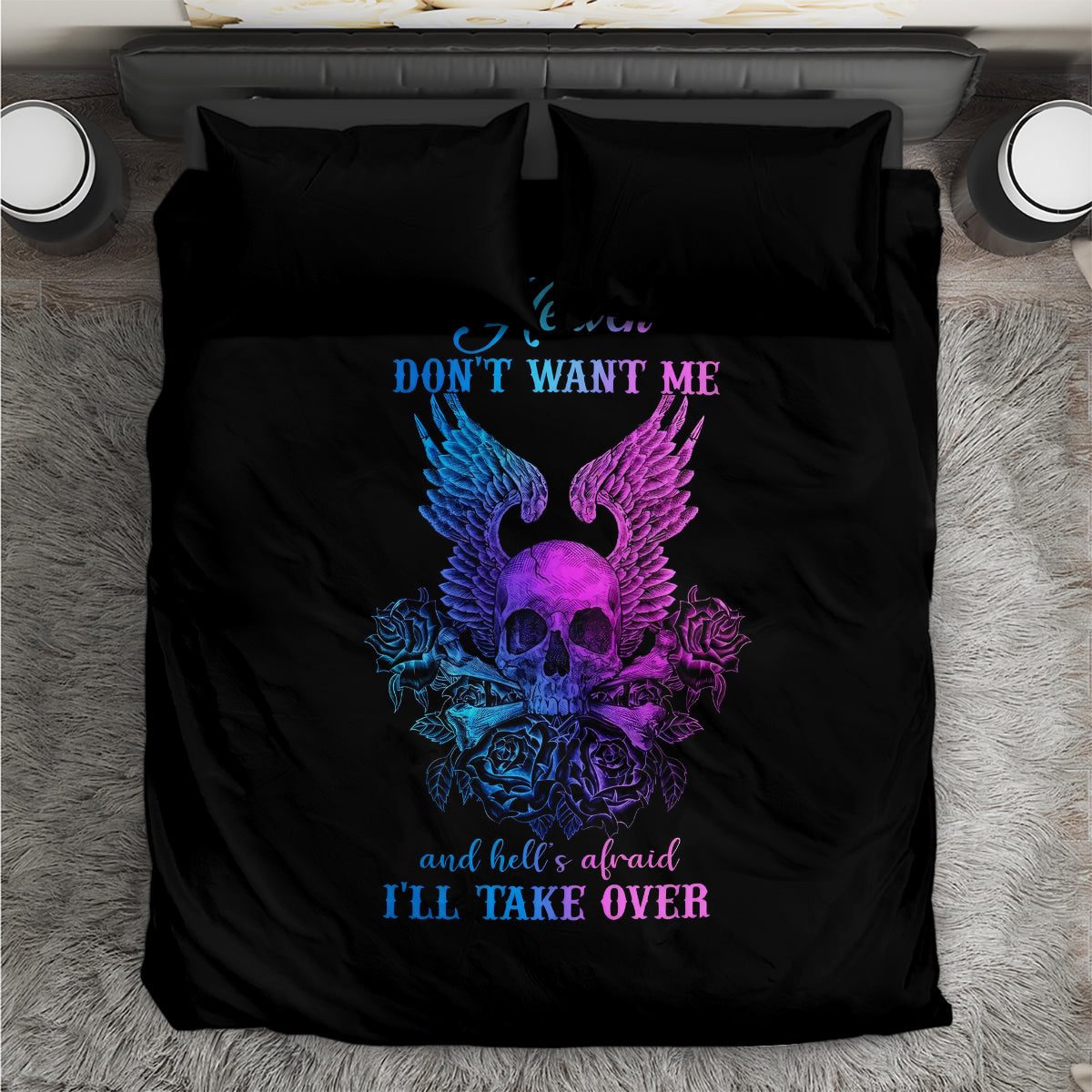 Black bedding set close-up of skull-wing artwork, roses, and bold 'TAKE OVER' text