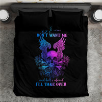 Black bedding set close-up of skull-wing artwork, roses, and bold 'TAKE OVER' text