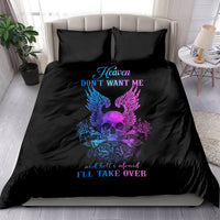 Black bedding set with skull-wing graphic, roses, and 'Heaven...' text on comforter