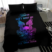 Black duvet bedding set with skull, angel wings, roses, and quote text in center