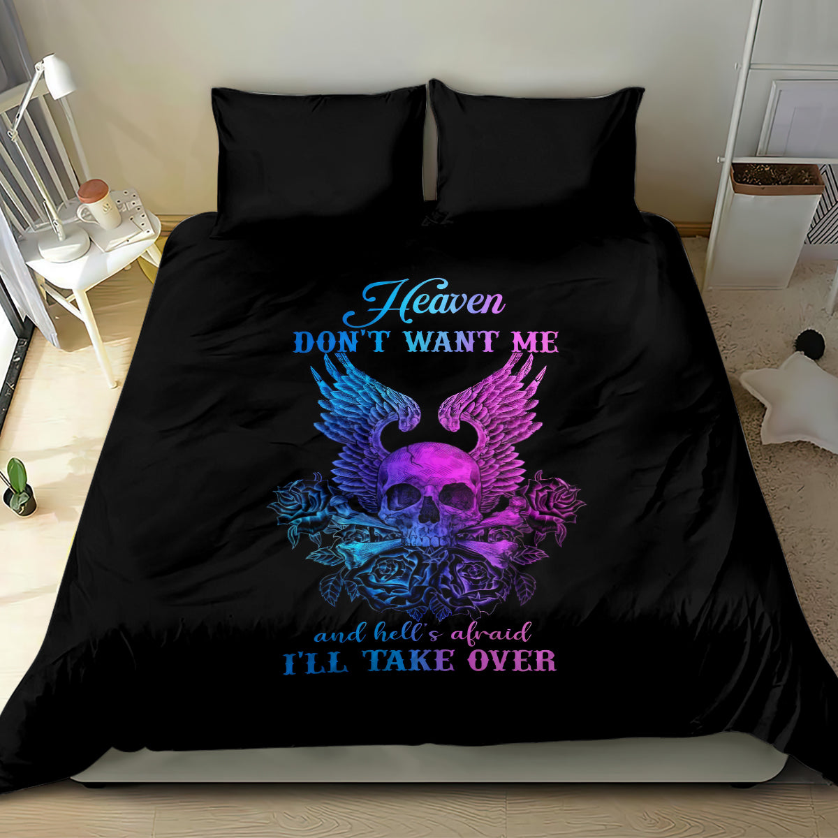 Black bedding set with skull-wing graphic, blue/purple roses, and 'TAKE OVER' lettering