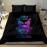 Black bedding set with skull-wing graphic, blue/purple roses, and 'TAKE OVER' lettering