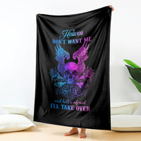 Black skull blanket draped with blue and purple wings, roses, and 'Heaven' quote