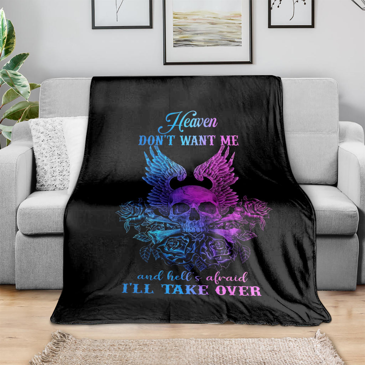 Black skull blanket with blue and purple wings, roses, and 'I'll take over' text