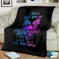 Black skull blanket on couch with blue and purple wings, roses, and 'I'll take over'