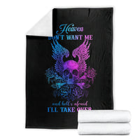 Black skull blanket folded, showing blue and purple winged skull with roses and text