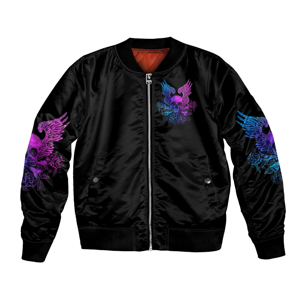 Black bomber jacket with full zipper; skull wing art on front, ribbed cuffs