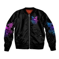 Black bomber jacket with full zipper; skull wing art on front, ribbed cuffs