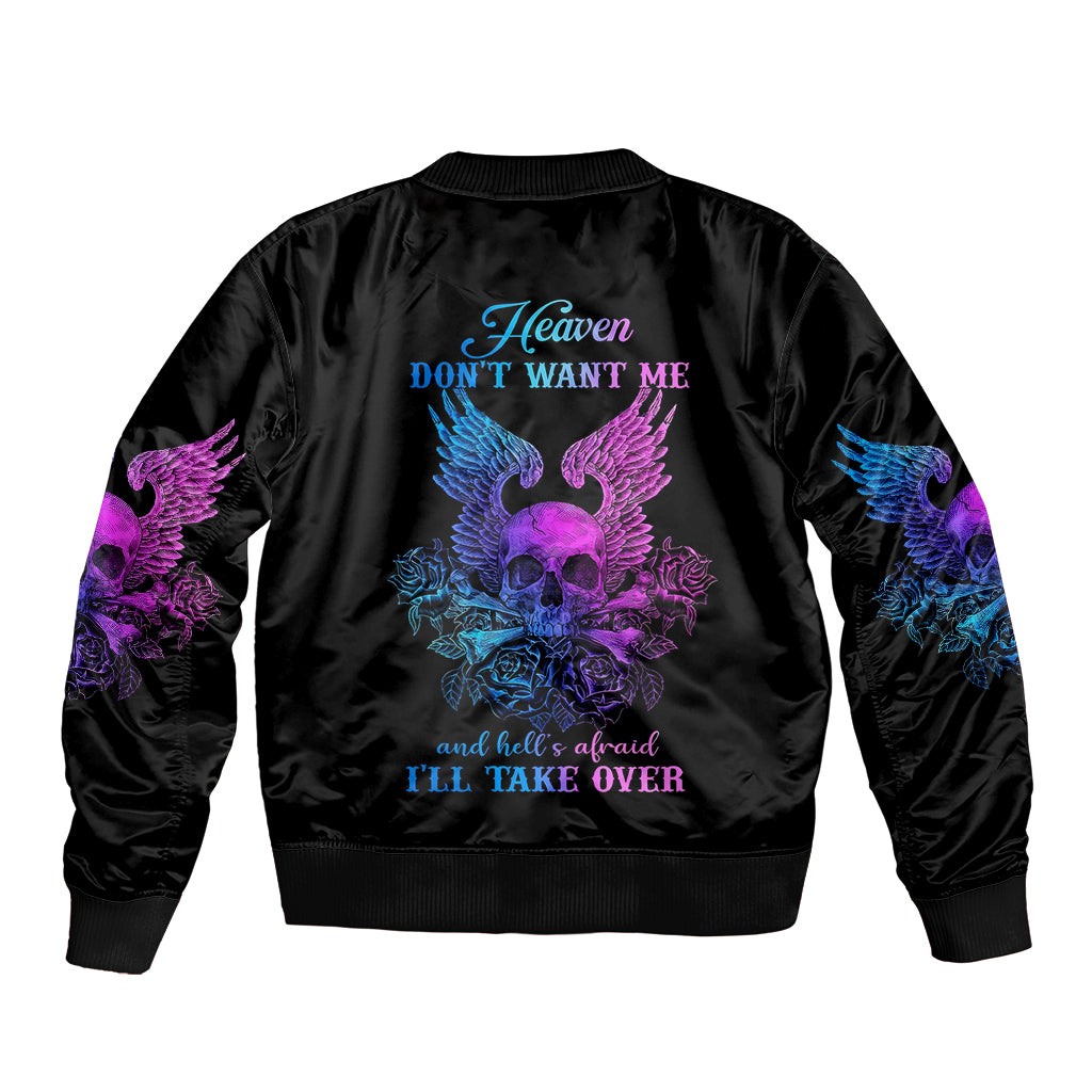 Black bomber jacket with ribbed collar; large skull wing graphic on back