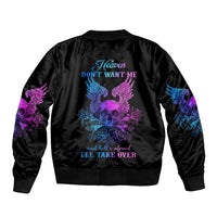Black bomber jacket with ribbed collar; large skull wing graphic on back