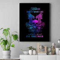 Black canvas wall art with blue and purple winged skull graphic and stylized quote