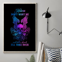 Framed black canvas wall art with blue and purple winged skull graphic and text
