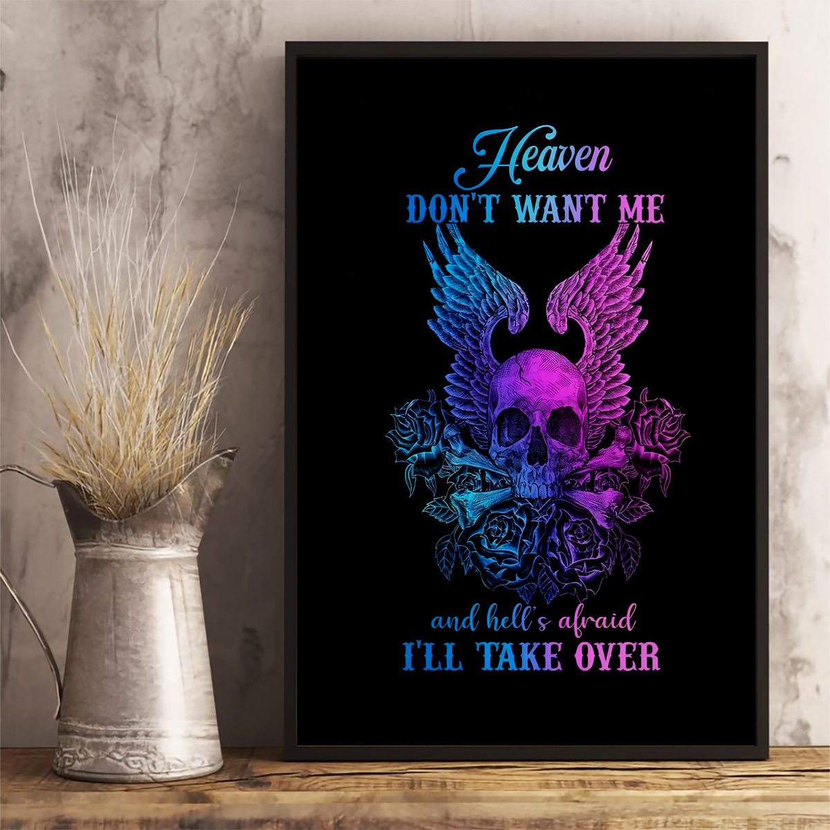 Framed black canvas wall art with multicolor winged skull and quote typography
