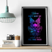 Framed black canvas wall art with blue and purple winged skull and glowing quote typography