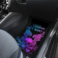 Black car floor mat with neon skull-wing graphic and 'Heaven don't want'