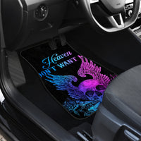 Black car floor mat with purple-blue skull-wing design and 'Heaven don't want'