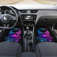 Front car floor mat set: black mats with purple-blue skull wings and 'Heaven don't want'