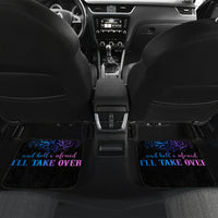 Black car floor mat pair with neon purple-blue skull wings and 'I'll take over'