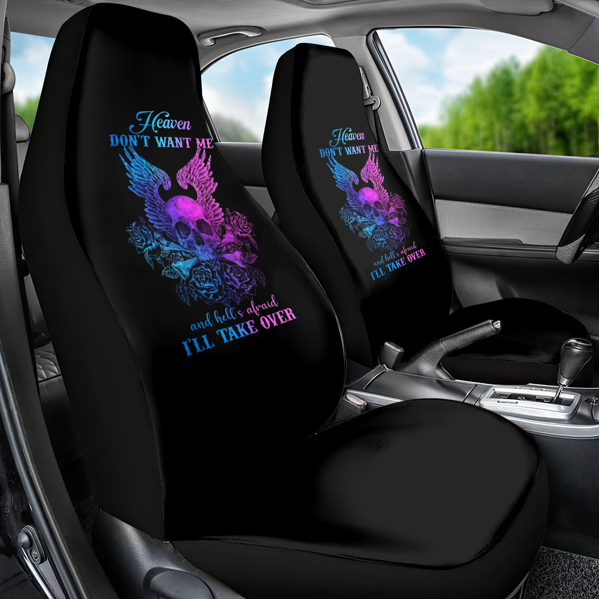 Wings Skull Car Seat Cover Heaven Don't Want Me Hell Afraid I Take Over - Wonder Print Shop