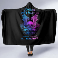Black hooded blanket with winged skull graphic and blue/purple text, draped over
