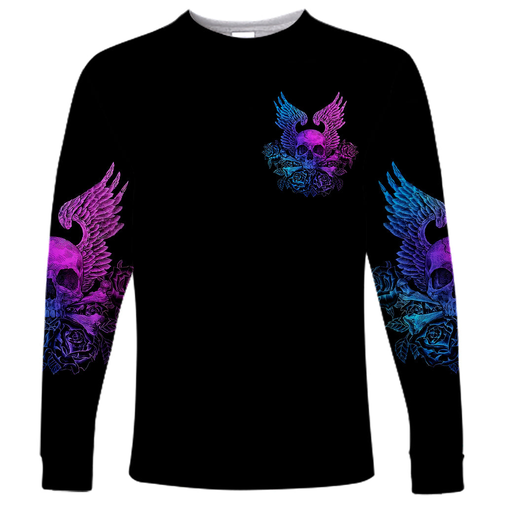 Black long sleeve shirt with purple-blue skull graphic and wing sleeves