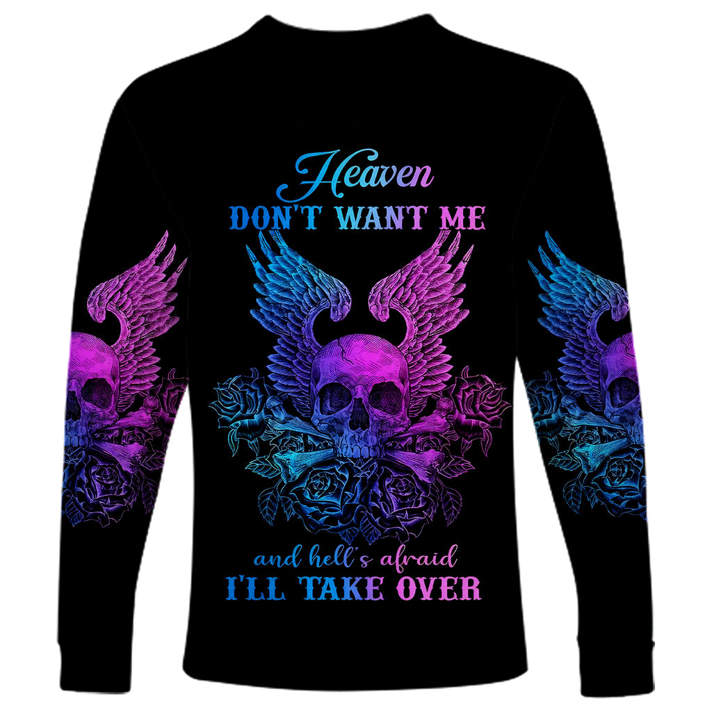 Black long sleeve shirt with purple and blue skull and wing graphic, back text
