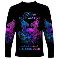 Black long sleeve shirt with purple and blue skull and wing graphic, back text