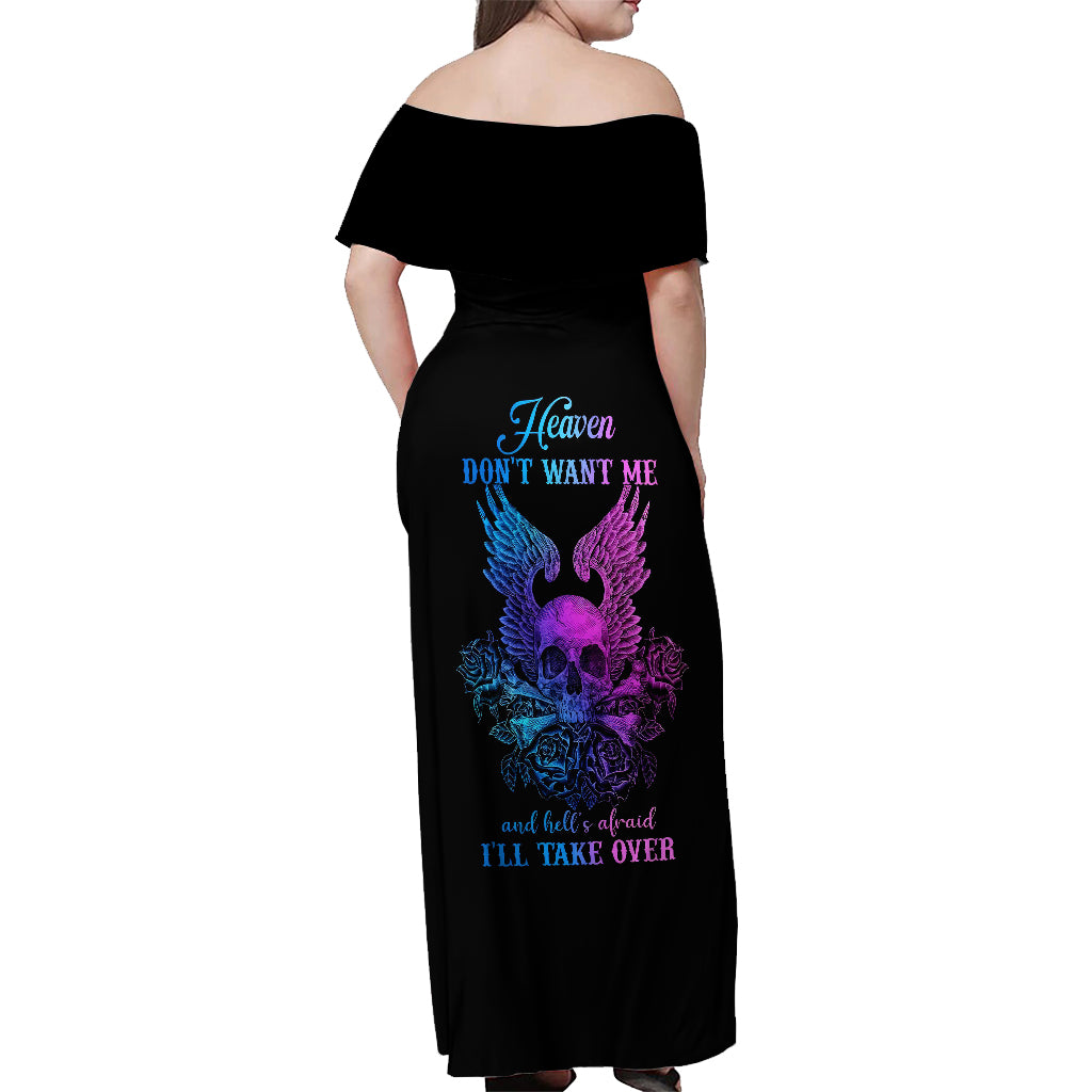 Wings Skull Off Shoulder Maxi Dress Heaven Don't Want Me Hell Afraid I Take Over - Wonder Print Shop