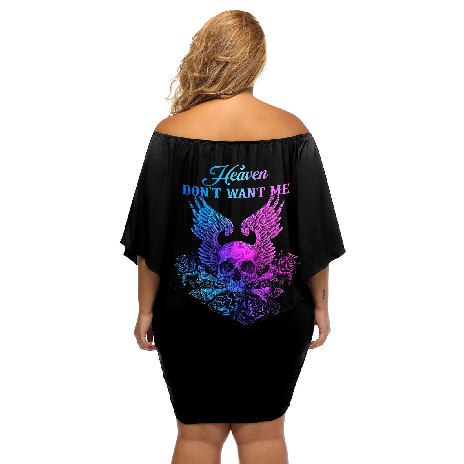 Wings Skull Off Shoulder Short Dress Heaven Don't Want Me Hell Afraid I Take Over - Wonder Print Shop