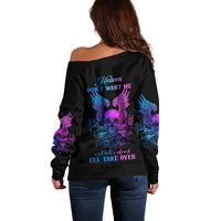 Women’s black off-shoulder sweater with wings skull graphic, long sleeves