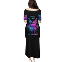 Black long off-shoulder dress with purple/blue skull wing graphic on back