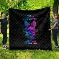 Black quilt blanket with diamond quilting and purple/blue winged skull graphic, Heaven text