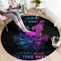 Black round rug with purple and blue winged skull graphic and quote text, Heaven