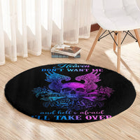 Black round rug with purple-blue winged skull and Heaven text, take over