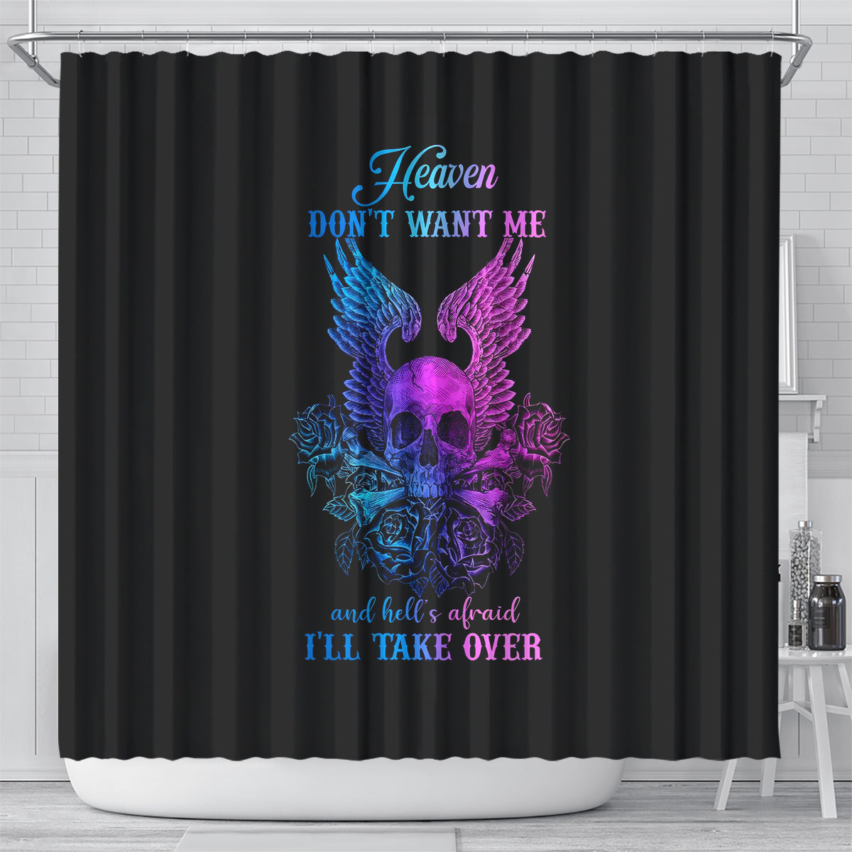 Black shower curtain with winged skull, roses, and blue/purple gothic text