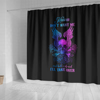 Black shower curtain with winged skull and roses, gothic quote typography