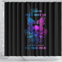 Black shower curtain panel with winged skull art and multicolor rose details